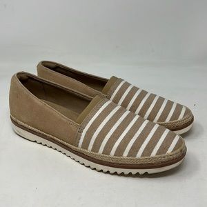 Clarks Striped Tan Slip-On Women's Shoes.